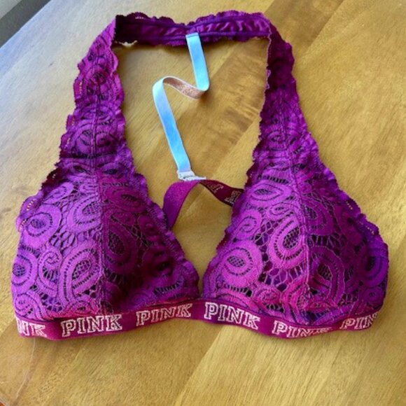 PINK by VS Lace Halter Neck Bralette - Burgundy - Size Large - Picture 1 of 6